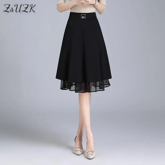 Black Knee-Length A-line Skirt For Women New Spring Summer Elastic High-Waisted  Slim Fashion Large Chic Skirt